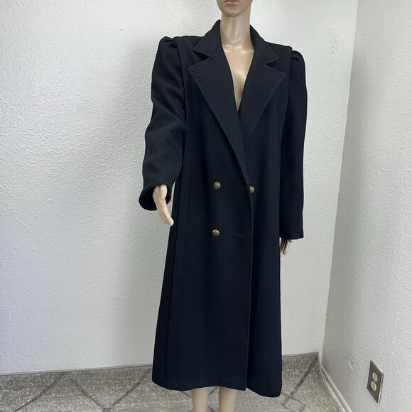 VTG 80s Michelle Francois Black Wool Long DoubleBreast Trench Coat Money Staple - Picture 9 of 14